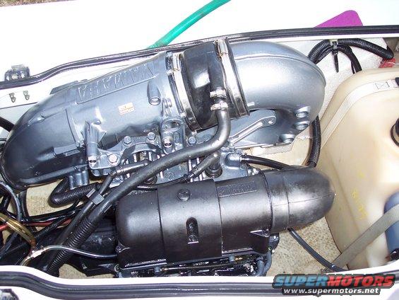 Yamaha engine in a jet ski, showing intake and some hoses