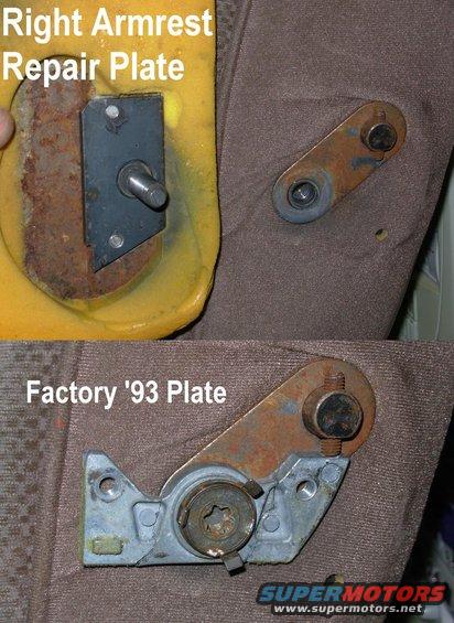 armrestrplate.jpg To fix a set of captain's chairs with a broken armrest, I made this repair plate.  The factory plate almost looks intentionally weakened, and they don't usually last more than a decade before breaking.  Mine should last more than twice that long, if not forever.

Very few '93s use this style of plate - it's much more common on '94-96 trucks ('97 >8500GVWR).  All older armrests are welded steel and don't have a replaceable plate like this.

Adjust the setscrew for a comfortable DOWN position for the armrest, and file/grind the other end to adjust the UP stop.

[url=http://www.supermotors.net/registry/media/909004][img]http://www.supermotors.net/getfile/909004/thumbnail/armrests9296.jpg[/img][/url]  . [url=http://www.supermotors.net/registry/media/892743][img]http://www.supermotors.net/getfile/892743/thumbnail/chairscpt9096.jpg[/img][/url]

The driver's armrest plate is MUCH more complicated...

For new upholstery, check http://stores.ebay.com/RichmondAutoUpholstery?_trksid=p2047675.l2563

Bolt [url=https://www.fordpartsgiant.com/parts/ford-bolt_e9tz-18644a92-a.html]E9TZ18644A92A[/url] or F7UZ1660108DD
Spacer [url=https://www.fordpartsgiant.com/parts/ford-spacer_f4tz-1560394-aa.html]F4TZ1560394AA[/url]