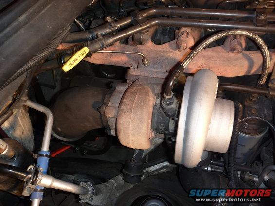 Close-up of a turbocharger and exhaust manifold with a yellow 'TRANS FLUID' dipstick visible