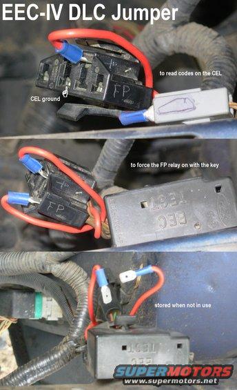 dlcjumper.jpg This is a cheap & easy upgrade to any EEC-IV vehicle: a simple jumper wire twisted into the harness behind the DLC makes pulling codes or triggering the fuel pump relay quick & convenient.  Scratch the terminal identifications into the plastic connector shells.

See also:

[url=https://www.supermotors.net/registry/media/245234][img]https://www.supermotors.net/getfile/245234/thumbnail/dlc-eeciv.jpg[/img][/url] . [url=https://www.supermotors.net/registry/media/1126824_1][img]https://www.supermotors.net/getfile/1126824/thumbnail/fueltanksfgas.jpg[/img][/url] . [url=https://www.supermotors.net/registry/media/507187][img]https://www.supermotors.net/getfile/507187/thumbnail/relays1.jpg[/img][/url] . [url=https://www.supermotors.net/registry/media/1122758][img]https://www.supermotors.net/getfile/1122758/thumbnail/eec_pwr_relays.jpg[/img][/url] . [url=https://www.supermotors.net/registry/media/825934][img]https://www.supermotors.net/getfile/825934/thumbnail/fuelpressuregauge.jpg[/img][/url] . [url=https://www.supermotors.net/registry/2742/12737-2][img]https://www.supermotors.net/getfile/72010/thumbnail/j-3.jpg[/img][/url]
[url=https://www.fordparts.com/FileUploads/CMSFiles/18376%20Pigtail%20Book%202016.pdf]MotorCraft 2016 Wiring Pigtail Guide[/url]