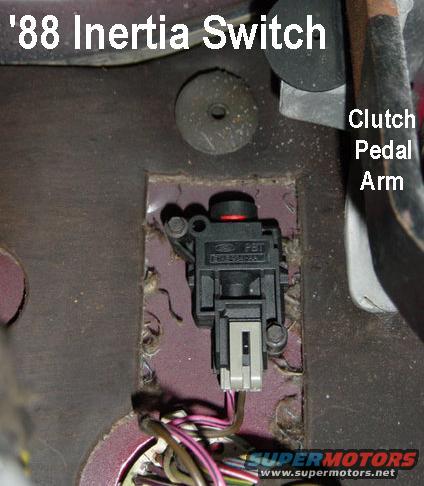 inertiasw88.jpg '88 Inertia Switch Location

firewall forward of the e-brake & clutch pedals
B5FO on this chart:

[url=http://www.supermotors.net/registry/media/474204][img]http://www.supermotors.net/getfile/474204/thumbnail/repairlocationsbronco.jpg[/img][/url]

Later inertia switch location: in the R kick panel below the dash
[url=http://www.supermotors.net/registry/media/767953][img]http://www.supermotors.net/getfile/767953/thumbnail/inertia9297.jpg[/img][/url]

See also:
[url=http://www.supermotors.net/registry/media/507187][img]http://www.supermotors.net/getfile/507187/thumbnail/relays1.jpg[/img][/url]