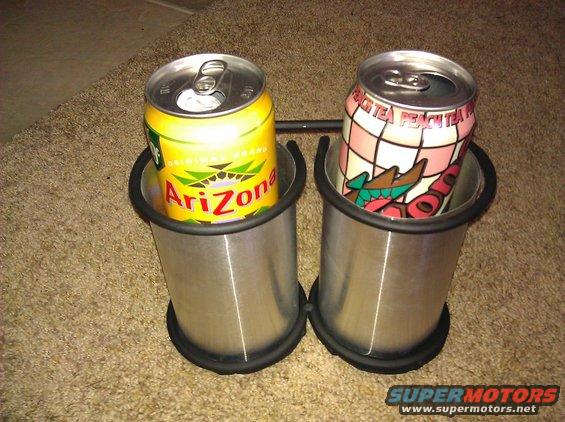 Dual cup holder with Arizona and Peach Tea cans