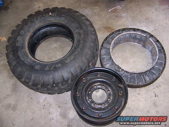 Tire, wheel, and a beadlock ring on a concrete floor