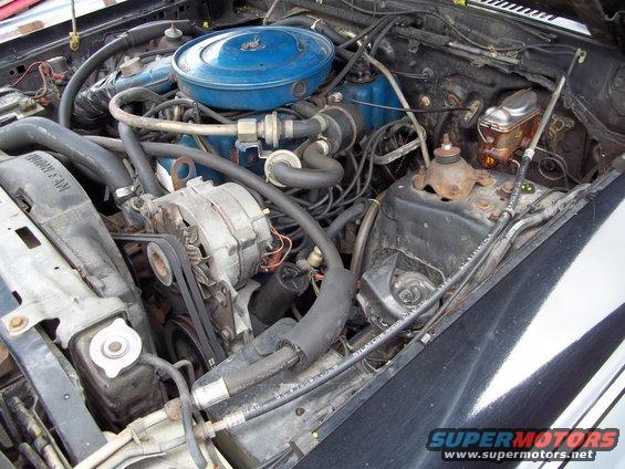 Engine bay with blue air cleaner and alternator. Visible text on radiator hose