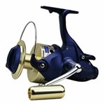 Dark blue and gold fishing reel with a removable spool