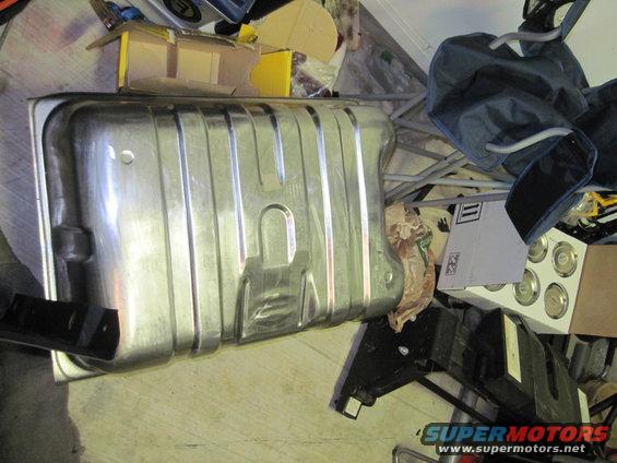 Metal fuel tank with ribbed texture, viewed from above