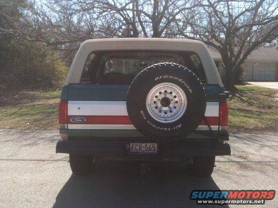 1989 Ford Bronco rear view with spare tire mounted on the back door. License plate reads FCR-565