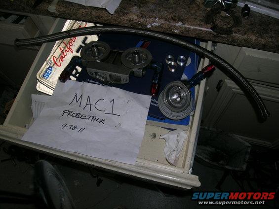 Oil filter housing and braided hose with 'PROBETALK' note