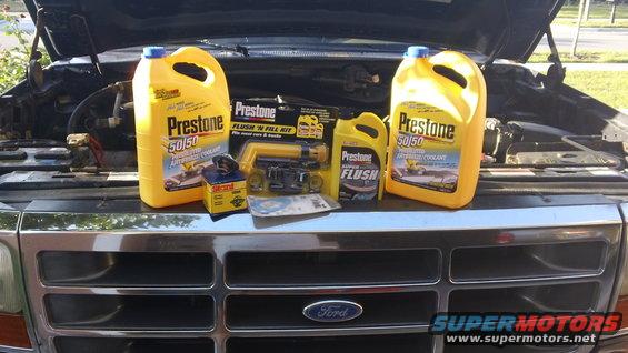 Ford Bronco grille with Prestone coolant and flush kit on hood