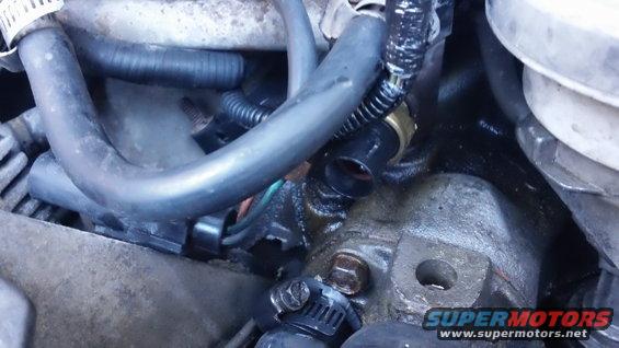 Engine part with hoses and a sensor, showing some fluid leakage