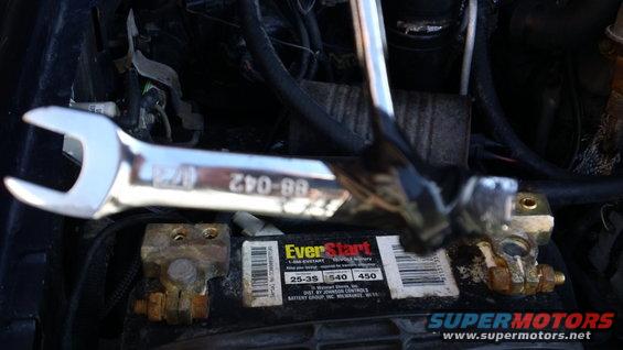 Wrench on EverStart battery in engine bay