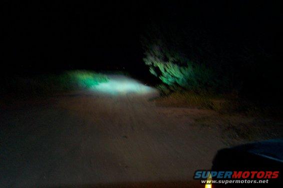 Car's headlight beam illuminates a dirt road at night, with green foliage visible to the right