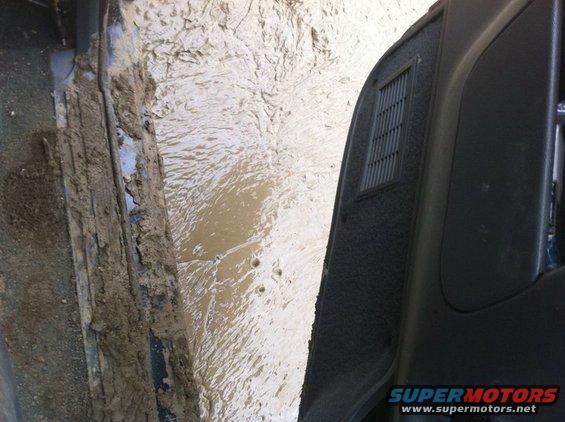 Mud splattered on vehicle interior door panel and floor