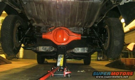 Underside view of a vehicle showing the rear differential, suspension, and tires. A floor jack is supporting the differential