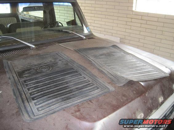 Hood of a vehicle with two dark floor mats, one with a circular emblem