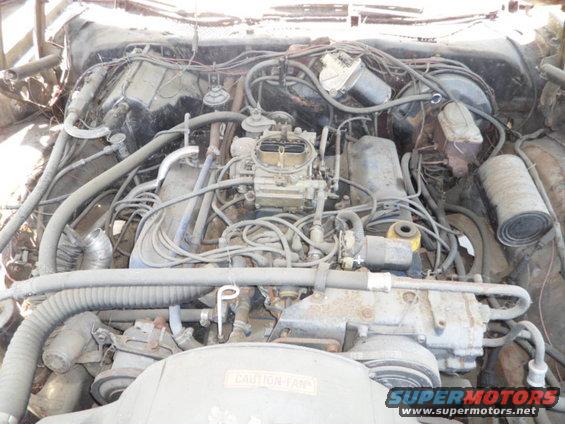 Engine bay with carburetor and various hoses. "CAUTION FAN" text visible on fan shroud