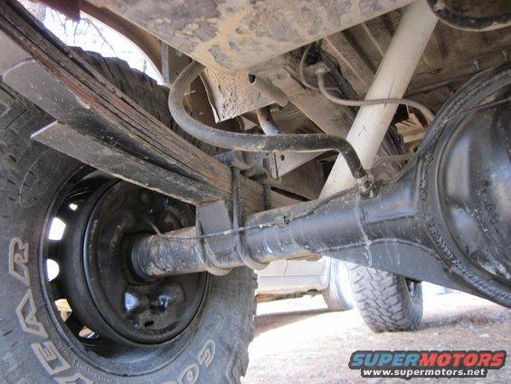 Underside view of a vehicle's rear axle, leaf springs, shock absorber, and tire