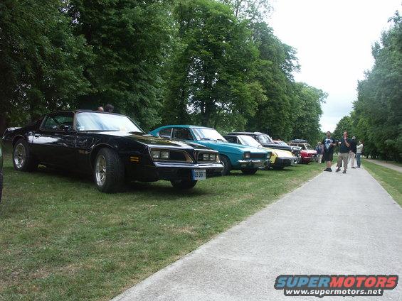 Black 1977 Pontiac Trans Am parked in a line with other classic cars on a grassy area next to a path