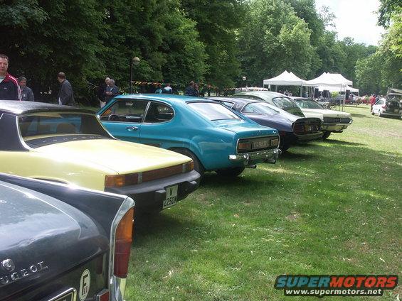 Line of classic cars parked on grass, a teal coupe in the foreground