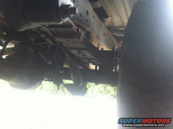Underside view of a vehicle's rear suspension, showing leaf springs, shock absorber, and tire