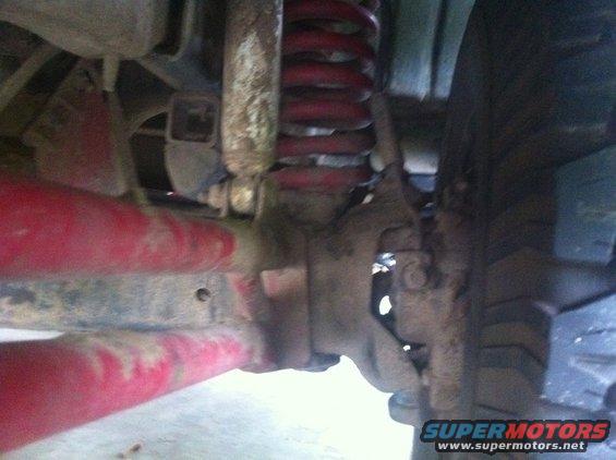 close-up of red suspension parts, shock absorber, and coil spring on a vehicle