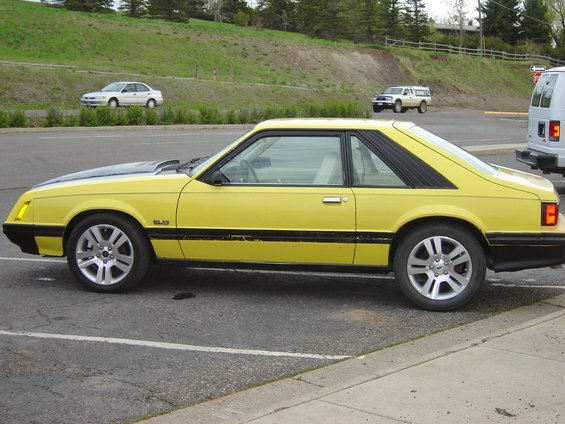 Yellow 1979 Ford Mustang coupe side view with black hood and trim
