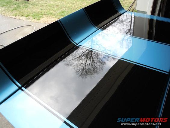 Hood with blue and black racing stripes