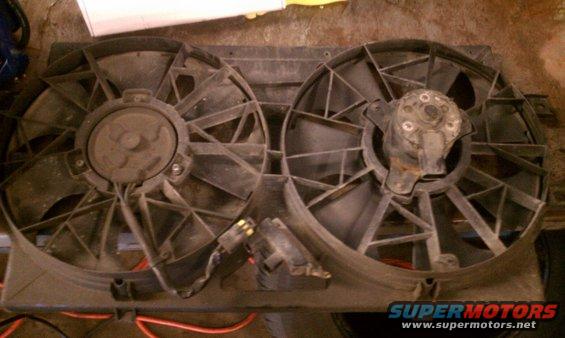 Radiator fan assembly with two electric fans, black plastic housing, and visible wiring