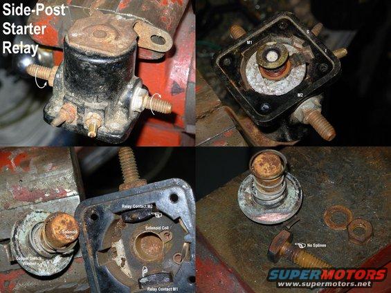 relayside.jpg Side-Terminal (Old-Style) Starter Relay (E9TZ-11450-B)
IF THE IMAGE IS TOO SMALL, click it.

The worst characteristic of this design is that the flat surfaces on the heads of the 2 main contact bolts have to be perfectly parallel for the washer to make good contact.  But because the nuts are tightened in opposite directions, the flats are always misaligned, resulting in VERY small contact points between the bolts & washer.  This commonly results in either 1) the bolt corners burning to the point that they don't make contact or power the starter; OR 2) the washer welding to the bolts, causing the starter to continue spinning whether the engine is running, or the key is removed.  If the bolts had splines, it would help keep them from turning, but none do.  The fact that the big copper washer can rotate (when it's not severely corroded) also helps by exposing clean copper to the bolts, but it doesn't clean the bolts or itself.

In the lower R, I've sanded the corrosion away, but it's not a practical way to keep the relay working when the later design is so superior, and inexpensive.  So I recommend NEVER using this style relay for a starter, or any other high-current circuit.  Use the new style with all studs parallel, opposite the mounting base, whenever possible.

To test a relay for the symptom of no cranking, bypass the relay by bridging the 2 large posts. If the starter doesn't work, diagnose the starter. If the starter works as it should, but doesn't work using the key, bridge from the Bplus post (the one with the LARGER cable from the battery positive) to the small (S) post. If the starter works, the relay is good and the fault is between the ignition switch & the relay (clutch switch or neutral switch). If not, the fault is at the relay. If the relay didn't click, either it's not grounded, or its coil is burned out. If it did click but the starter didn't engage, the relay's contacts are corroded as the top R pic shows.

To check for this withOUT disassembly, test cranking (relay triggered) voltage across the 2 large terminals.  It should be under 1.5VDC.  Anything higher indicates high resistance inside the relay.

To test a relay for the symptom of starter spinning constantly, disconnect all the small wires.  If the starter continues spinning, the relay is welded.  Rapping sharply on it may break it free, allowing the starter to stop.

See also:
[url=http://www.supermotors.net/registry/media/829914][img]http://www.supermotors.net/getfile/829914/thumbnail/starterelaylate.jpg[/img][/url] . [url=http://www.supermotors.net/registry/media/829915][img]http://www.supermotors.net/getfile/829915/thumbnail/starterrelay93conns.jpg[/img][/url] . [url=http://www.supermotors.net/registry/media/809586][img]http://www.supermotors.net/getfile/809586/thumbnail/starterrelayterminals.jpg[/img][/url] . [url=http://www.supermotors.net/registry/media/285644][img]http://www.supermotors.net/getfile/285644/thumbnail/starterexploded.jpg[/img][/url] . [url=http://www.supermotors.net/registry/media/883860][img]http://www.supermotors.net/getfile/883860/thumbnail/starterwiringold.jpg[/img][/url] . [url=http://www.supermotors.net/registry/media/897610][img]http://www.supermotors.net/getfile/897610/thumbnail/relays.jpg[/img][/url] . [url=http://www.supermotors.net/registry/media/905321][img]http://www.supermotors.net/getfile/905321/thumbnail/battrelayaux.jpg[/img][/url] . [url=http://www.supermotors.net/registry/media/828671][img]http://www.supermotors.net/getfile/828671/thumbnail/battstartwire9296.jpg[/img][/url] . [url=http://www.supermotors.net/registry/media/809585][img]http://www.supermotors.net/getfile/809585/thumbnail/starterrelaytypes.jpg[/img][/url] . [url=http://www.supermotors.net/registry/media/955475][img]http://www.supermotors.net/getfile/955475/thumbnail/26winchrelays.jpg[/img][/url] . [url=http://www.supermotors.net/registry/2742/69178-4][img]http://www.supermotors.net/getfile/723279/thumbnail/07done.jpg[/img][/url]
http://www.revbase.com/BBBMotor/Wd