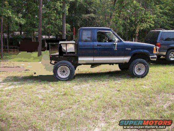Blue pickup truck with flatbed, toolbox, and "Ford Ranger" badge
