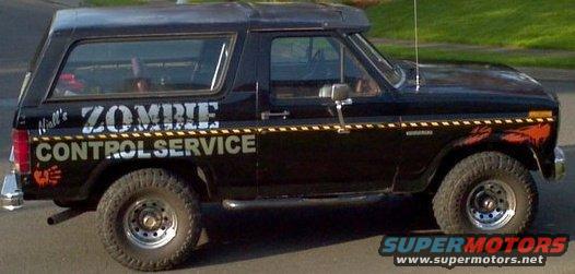 Black Ford Bronco with 'Hall's ZOMBIE CONTROL SERVICE' text and graphics on the side