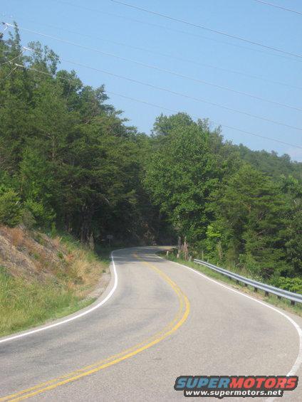 two-lane road curves through a wooded area with power lines overhead