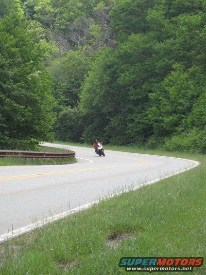 Motorcycle cornering on a tree-lined road