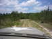 1990 Ford Bronco - View from inside a vehicle with a white star on its hood, driving on a dirt road through a wooded area.