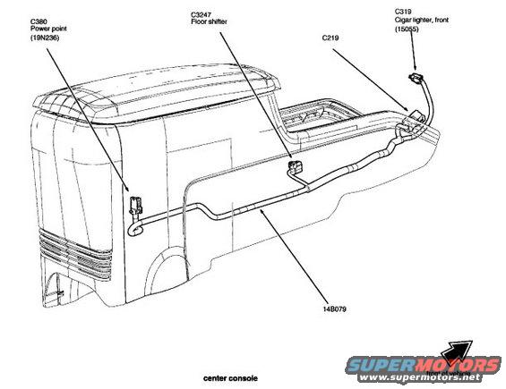 Diagram showing wiring harness for center console with labels for floor shifter and cigar lighter