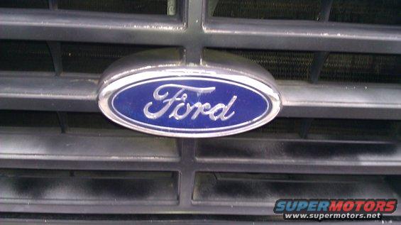 Close-up of a blue Ford oval emblem on a dark grille