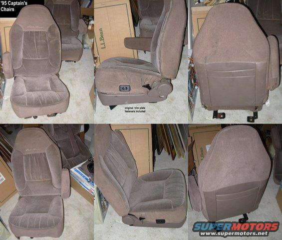 chairebcloth95.jpg SOLD '95 Eddie Bauer Mocha Cloth Captain's Chairs
IF THE IMAGE IS TOO SMALL, click it.

After uploading the photo, I noticed the driver's chair has a shipping label, indicating it's a replacement.  That might be why it doesn't have a rear release lever.  Also, its rear outboard mounting tab has been welded back on.

Actual weight: 93.5 lbs/pr

For installation, see:
[url=http://www.supermotors.net/registry/media/671693][img]http://www.supermotors.net/getfile/671693/thumbnail/chairs.jpg[/img][/url] . [url=http://www.supermotors.net/registry/media/892743][img]http://www.supermotors.net/getfile/892743/thumbnail/chairscpt9096.jpg[/img][/url]

For disassembly & cleaning, see:
[url=http://www.supermotors.net/registry/6098/31152-4][img]http://www.supermotors.net/getfile/281584/thumbnail/03guts.jpg[/img][/url]

For new upholstery, check http://stores.ebay.com/RichmondAutoUpholstery?_trksid=p2047675.l2563