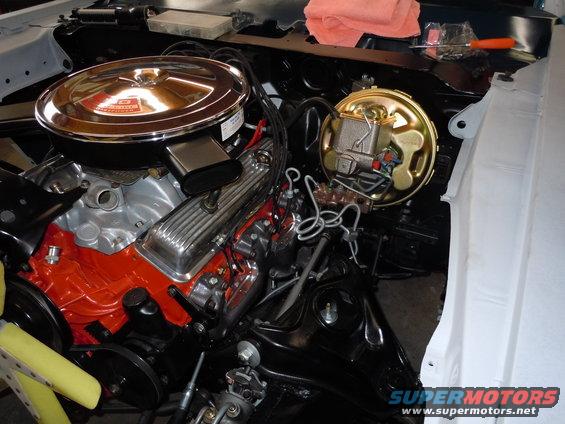 V8 engine with chrome air cleaner and brake booster assembly. 1972 Chevrolet Camaro engine bay