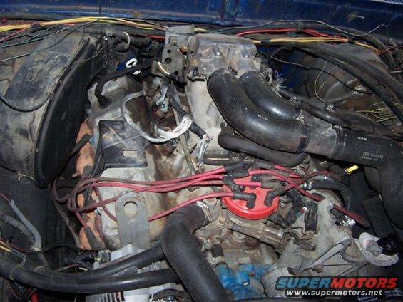 Engine bay with a red distributor cap and black hoses. Wires are visible