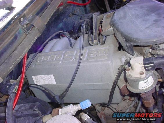 1992 Ford Bronco engine bay with grey intake manifold and various hoses and wires