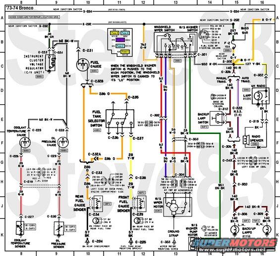 wiring7374bgawprrad.jpg '73-74 Bronco Gauges Wiper Radio
IF THE IMAGE IS TOO SMALL, click it. 

Repair Locations Grid:
[url=http://www.supermotors.net/registry/media/865564][img]http://www.supermotors.net/getfile/865564/thumbnail/ebrepairgrid.jpg[/img][/url]

Improved, corrected, & combined versions of [url=http://seabiscuit68.tripod.com/]Seabiscuit[/url]'s colorized diagrams.  Connector faces, component locations, and technical oversight provided by [url=http://classicbroncos.com/forums/member.php?u=19091]Viperwolf1[/url].  When printed at full scale, the diagrams can be combined into a continuous strip.

Before printing, click the image to make sure you have the largest version.

To add an aftermarket volt gauge, connect its hot feed to C223 (or any other point on circuit 30/297).

See also: 

[url=http://www.supermotors.net/vehicles/registry/media/890070][img]http://www.supermotors.net/getfile/890070/thumbnail/wiring7374apwrdstb.jpg[/img][/url] . [url=http://www.supermotors.net/registry/media/874222][img]http://www.supermotors.net/getfile/874222/thumbnail/wiring7374cinthdlts.jpg[/img][/url] . [url=http://www.supermotors.net/registry/media/874223][img]http://www.supermotors.net/getfile/874223/thumbnail/wiring7374dtlltshtr.jpg[/img][/url] . [url=http://www.supermotors.net/registry/media/869225][img]http://www.supermotors.net/getfile/869225/thumbnail/wiring7374eindex.jpg[/img][/url]
[url=http://www.supermotors.net/registry/media/843356][img]http://www.supermotors.net/getfile/843356/thumbnail/wiringdiagrameb3g.jpg[/img][/url] . [url=http://www.supermotors.net/registry/media/849725][img]http://www.supermotors.net/getfile/849725/thumbnail/fusesblades.jpg[/img][/url] . [url=http://www.supermotors.net/registry/media/830776][img]http://www.supermotors.net/getfile/830776/thumbnail/fusiblelinkrepair.jpg[/img][/url] . [url=http://www.supermotors.net/registry/media/832986][img]http://www.supermotors.net/getfile/832986/thumbnail/bulbsfuseswire.jpg[/img][/url]

https://www.fleet.ford.com/truckbbas/non-html/1997/c37_39_p.pdf

Index  '73-74 Bronco Wiring
--------------------------------------------------
  Components
Alternator  .  .  .  .  .  .  .  A1-B1
Alternator Voltage Regulator  .  J1-K1
AM Radio .  .  .  .  .  .  .  .  D16
Ambient Switch .  .  .  .  .  .  E7
Ammeter  .  .  .  .  .  .  .  .  B4
Auxilliary Fuel Tank Sender   .  J12
Backup Lamp, LHR  .  .  .  .  .  K15
Backup Lamp, RHR  .  .  .  .  .  K16
Backup Lamp Switch   .  .  .  .  E14, F4
Ballast Resistor  .  .  .  .  .  E4
Battery  .  .  .  .  .  .  .  .  D3-E3
Beam Select Switch   .  .  .  .  D20
Blinker Switch .  .  .  .  .  .  E29-E30
Block Heater   .  .  .  .  .  .  K32
Blower Motor   .  .  .  .  .  .  G38
Blower Motor Resistor   .  .  .  D38
Blower Motor Switch  .  .  .  .  C38
Brake Lamp, LHR   .  .  .  .  .  G33
Brake Lamp, RHR   .  .  .  .  .  G35
Brake Lamp Switch .  .  .  .  .  C29
Brake Warning Lamp   .  .  .  .  F6
Brake Warning Switch .  .  .  .  J6
Breakerless Ignition Module   .  K3
Capacitor, Noise Suppression  .  E2
Carburetor Valve  .  .  .  .  .  J5
Cigar Lighter  .  .  .  .  .  .  E22
Coil  .  .  .  .  .  .  .  .  .  H4-J4
Constant Voltage Unit   .  .  .  C9
Coolant Temperature Gauge  .  .  F8
Coolant Temperature Sender .  .  K8
CV Unit  .  .  .  .  .  .  .  .  C9
Distributor .  .  .  .  .  .  .  G3-K3
Dome Lamp   .  .  .  .  .  .  .  D17
Dual Brake Warning Switch  .  .  J6
Emergency Signal Flasher   .  .  E32
Emergency Signal Switch .  .  .  G32
Emission Control Solenoid  .  .  J5, G7
Engine Block Heater  .  .  .  .  K32
Flasher, Emergency Signal  .  .  E32
Flasher, Turn Signal .  .  .  .  C32
Front Fuel Sender .  .  .  .  .  J12
Fuel Gauge  .  .  .  .  .  .  .  C10
Fuel Sender .  .  .  .  .  .  .  J10, J12
Fuel Tank Selector Switch  .  .  E11
Fuse 1 (20A) Blower  .  .  .  .  A38
Fuse 2 (15A) Turn Wash Radio  .  B15
Fuse 3 (2A) Illumination   .  .  B18
Fuse 4 (15A) Cigar Crtsy Rev  .  B23
Fuse 5 (20A) Hazards .  .  .  .  B32
Fuse Inline (7.5A) TRS Switch .  C7
Fusible Link   .  .  .  .  .  .  C3
Gauge, Ammeter .  .  .  .  .  .  B4
Gauge, Fuel .  .  .  .  .  .  .  C10
Gauge, Oil Pressure  .  .  .  .  F9
Gauge, Temperature   .  .  .  .  F8
Generator   .  .  .  .  .  .  .  A1-B1
Hazard Signal Flasher   .  .  .  E32
Hazard Signal Switch .  .  .  .  G32
Headlamp, Left .  .  .  .  .  .  H19
Headlamp, Right   .  .  .  .  .  H20
Headlamp Dimmer Switch  .  .  .  D20
Headlamp Switch   .  .  .  .  .  C21-C22
Headlamp Switch Lamp .  .  .  .  J18
Heater, Block Immersion .  .  .  K32
Heater Blower Switch .  .  .  .  C38
Heater Blower Motor  .  .  .  .  G38
Heater Blower Resistor  .  .  .  D38
Heater Control Lamp  .  .  .  .  E17
High-Altitude Solenoid Valve  .  J5
High-Beam Switch  .  .  .  .  .  D20
High-Beam Indicator Lamp   .  .  G20
Horn  .  .  .  .  .  .  .  .  .  E18
Horn Switch .  .  .  .  .  .  .  D19
ICVR  .  .  .  .  .  .  .  .  .  C9
Ignition Coil  .  .  .  .  .  .  H4-J4
Ignition Module   .  .  .  .  .  K3
Ignition Resistor .  .  .  .  .  E4
Ignition Switch   .  .  .  .  .  C6-D6
Immersion Heater  .  .  .  .  .  K32
Indicator Lamp, Brake Warning .  F6
Indicator Lamp, L Turn  .  .  .  H29
Indicator Lamp, High-Beam  .  .  G20
Indicator Lamp, R Turn  .  .  .  H30
Inline Fuse (7.5A) TRS Switch .  C7
Instrument Cluster Lamp .  .  .  H18
Instrument Cluster Voltage Reg.  C9
Key Switch  .  .  .  .  .  .  .  C6-D6
Lamp, Backup, LHR .  .  .  .  .  K15
Lamp, Backup, RHR .  .  .  .  .  J16
Lamp, Brake, LHR  .  .  .  .  .  G33
Lamp, Brake, RHR  .  .  .  .  .  G35
Lamp, Brake Warning Indicator .  F6
Lamp, Dome  .  .  .  .  .  .  .  D17
Lamp, Head, Left  .  .  .  .  .  H19
Lamp, Head, Right .  .  .  .  .  H20
Lamp, Headlamp Switch   .  .  .  J18
Lamp, Heater Control .  .  .  .  E17
Lamp, High-Beam Indicator  .  .  G20
Lamp, Instrument Cluster   .  .  H18
Lamp, Left Turn Indicator  .  .  H29
Lamp, License  .  .  .  .  .  .  G37
Lamp, Map   .  .  .  .  .  .  .  C17
Lamp, Park, LHF   .  .  .  .  .  J22
Lamp, Park, LHR   .  .  .  .  .  G33
Lamp, Park, RHF   .  .  .  .  .  F22
Lamp, Park, RHR   .  .  .  .  .  G35
Lamp, PRNDL Illumination   .  .  G18
Lamp, Reverse, LHR   .  .  .  .  K15
Lamp, Reverse, RHR   .  .  .  .  K16
Lamp, Right Turn Indicator .  .  H30
Lamp, Shifter Illumination .  .  G18
Lamp, Side Marker, LHF  .  .  .  K22
Lamp, Side Marker, LHR  .  .  .  G34
Lamp, Side Marker, RHF  .  .  .  H22
Lamp, Side Marker, RHR  .  .  .  G36
Lamp, Stop, LHR   .  .  .  .  .  G33
Lamp, Stop, RHR   .  .  .  .  .  G35
Lamp, Turn, LHF   .  .  .  .  .  J22
Lamp, Turn, LHR   .  .  .  .  .  G33
Lamp, Turn, RHF   .  .  .  .  .  F22
Lamp, Turn, RHR   .  .  .  .  .  G35
Lamp, Wiper Switch   .  .  .  .  J18
License Lamp   .  .  .  .  .  .  G37
Lighter Socket .  .  .  .  .  .  E22
Loop Ammeter   .  .  .  .  .  .  B4
Main Fuel Tank Sender.  .  .  .  J10
Map Lamp .  .  .  .  .  .  .  .  C17
Marker Lamp, LHF Side   .  .  .  K22
Marker Lamp, LHR Side   .  .  .  G34
Marker Lamp, RHF Side   .  .  .  H22
Marker Lamp, RHR Side   .  .  .  G36
Module, Breakerless Ignition  .  K3
Motor, Heater Blower .  .  .  .  G38
Motor, Starter .  .  .  .  .  .  H3-J4
Motor, Windshield Wiper .  .  .  J13
Motor, Washer Pump   .  .  .  .  K13
Neutral Safety Switch .  .  .  F4
Oil Pressure Gauge   .  .  .  .  F9
Oil Pressure Sender  .  .  .  .  K9
Park Lamp, LHF .  .  .  .  .  .  J22
Park Lamp, LHR .  .  .  .  .  .  G33
Park Lamp, RHF .  .  .  .  .  .  F22
Park Lamp, RHR .  .  .  .  .  .  G35
Park Neutral Position Switch . F4
Power Point .  .  .  .  .  .  .  E22
PRNDL Illumination Lamp .  .  .  G18
Radio .  .  .  .  .  .  .  .  .  D16
Radio Capacitor   .  .  .  .  .  E2
Radio Speaker  .  .  .  .  .  .  F15
Rear Fuel Sender  .  .  .  .  .  J10
Relay, Horn .  .  .  .  .  .  .  F11
Relay, Starter .  .  .  .  .  .  D3
Resistor, Ignition Ballast .  .  E4
Resistor, Blower Motor  .  .  .  D38
Reverse Lamp, LHR .  .  .  .  .  K15
Reverse Lamp, RHR .  .  .  .  .  K16
Reverse Lamp Switch  .  .  .  .  E14, F4
Sender, Fuel, Front  .  .  .  .  J12
Sender, Fuel, Rear   .  .  .  .  J10
Sender, Oil Pressure .  .  .  .  K9
Sender, Temperature  .  .  .  .  K8
Shifter Illumination Lamp  .  .  G18
Side Marker Lamp, LHF   .  .  .  K22
Side Marker Lamp, LHR   .  .  .  G34
Side Marker Lamp, RHF   .  .  .  H22
Side Marker Lamp, RHR   .  .  .  G36
Solenoid, Carburetor Emission .  J5, G7
Solenoid, Vacuum Valve  .  .  .  G7
Speaker  .  .  .  .  .  .  .  .  F15
Starter Motor  .  .  .  .  .  .  H3-J4
Starter Relay  .  .  .  .  .  .  D3
Stop Lamp, LHR .  .  .  .  .  .  G33
Stop Lamp, RHR .  .  .  .  .  .  G35
Stop Lamp Switch  .  .  .  .  .  C29
Switch, Ambient   .  .  .  .  .  E7
Switch, Backup Lamp  .  .  .  .  E14, F4
Switch, Blinker   .  .  .  .  .  E29-E30
Switch, Blower Motor .  .  .  .  C38
Switch, Brake Lamp   .  .  .  .  C29
Switch, Dual Brake Warning .  .  J6
Switch, Emergency Signal   .  .  G32
Switch, Fuel Tank Selector .  .  E11
Switch, Hazard Signal   .  .  .  G32
Switch, Headlamp  .  .  .  .  .  C21-C22
Switch, Heater Blower   .  .  .  C38
Switch, High-Beam Dimmer   .  .  D20
Switch, Horn   .  .  .  .  .  .  D19
Switch, Ignition  .  .  .  .  .  C6-D6
Switch, Neutral Safety (PNP)  .  F4
Switch, Reverse Lamp .  .  .  .  E14, F4
Switch, Stop Lamp .  .  .  .  .  C29
Switch, TRS .  .  .  .  .  .  .  J7
Switch, Turn Signal  .  .  .  .  E29-E30
Switch, Windshield Washer  .  .  B13
Switch, Windshield Wiper   .  .  B13
Temperature Gauge .  .  .  .  .  F8
Temperature Sender   .  .  .  .  K8
TRS Switch  .  .  .  .  .  .  .  J7
Turn Signal, LHF  .  .  .  .  .  J22
Turn Signal, LHR  .  .  .  .  .  G33
Turn Signal Flasher  .  .  .  .  C32
Turn Signal Indicator, L   .  .  E22
Turn Signal Indicator, R   .  .  E23
Turn Signal, RHF  .  .  .  .  .  F22
Turn Signal, RHR  .  .  .  .  .  G35
Turn Signal Switch   .  .  .  .  E29-E30
Vacuum Valve Solenoid   .  .  .  G7
Valve, Carburetor Solenoid .  .  C9
Voltage Regulator, Alternator .  J1-K1
Voltage Regulator, Instruments   C9
Water Temperature Gauge .  .  .  F8
Water Temperature Sender   .  .  K8
Windshield Washer Switch   .  .  B13
Windshield Washer Pump Motor  .  K13
Windshield Wiper Motor  .  .  .  J13
Windshield Wiper Switch    .  .  B13
Windshield Wiper Switch Lamp  .  J18
--------------------------------------------------
  Connectors
C201 (Alternator) .  .  .  .  .  A1-B2
C202 (Voltage Regulator)   .  .  E1
C203 (Radio Capacitor)  .  .  .  D2
C205 (Ammeter) .  .  .  .  .  .  B4
C206 (Inline)  .  .  .  .  .  .  A3
C207 (Battery  )  .  .  .  .  .  C3
C208 (Battery -)  .  .  .  .  .  E3
C209 (Distributor Cap)  .  .  .  G3, J3
C210 (Distributor)   .  .  .  .  H3, K3
C211 (Starter Relay Battery)  .  C3
C212 (Starter Relay Starter)  .  D3
C213 (Starter Relay S)  .  .  .  D3
C214 (Starter Relay I)  .  .  .  D4
C215 (Ignition Coil) .  .  .  .  H4
C216 (Ignition Coil) .  .  .  .  H4
C217 (Ignition Coil) .  .  .  .  J4
C218 (Inline)  .  .  .  .  .  .  F4, H8-H9
C219 (Ambient Switch)   .  .  .  E7
C220 (Inline)  .  .  .  .  .  .  F7
C221 (Vacuum Valve Solenoid)  .  G7
C222 (Inline, NSS)   .  .  .  .  E3-E4, E15
C223 (ICVR) .  .  .  .  .  .  .  B9
C224 (ICVR) .  .  .  .  .  .  .  B9
C225 (Temp Gauge) .  .  .  .  .  E8
C226 (Temp Gauge) .  .  .  .  .  G8
C227 (Temp Sender)   .  .  .  .  J8
C228 (Oil Gauge)  .  .  .  .  .  E9
C229 (Oil Gauge)  .  .  .  .  .  G9
C230 (Oil Sender) .  .  .  .  .  J9
C231 (Fuel Gauge) .  .  .  .  .  B10
C232 (Fuel Gauge) .  .  .  .  .  D10, G10
C233 (Inline)  .  .  .  .  .  .  D23, D30-D31, H10
C234 (Rear Fuel Sender) .  .  .  J10
C235 (Tank Select Switch)  .  .  D11
C236 (Tank Select Switch)  .  .  F11
C237 (Tank Select Switch)  .  .  F11
C238 (Inline)  .  .  .  .  .  .  H11
C239 (Front Fuel Sender)   .  .  J11
C240 (Ignition Switch)  .  .  .  C6
C241 (Ignition Switch)  .  .  .  C6
C242 (Ignition Switch)  .  .  .  D6
C243 (Inline)  .  .  .  .  .  .  G6, G15
C244 (TRS Switch) .  .  .  .  .  J7
C245 (Starter) .  .  .  .  .  .  K2
C301 (Wiper Switch)  .  .  .  .  C13
C302 (Inline)  .  .  .  .  .  .  E13
C303 (Inline)  .  .  .  .  .  .  F13
C304 (Wiper Motor)   .  .  .  .  H13
C305 (Washer Pump)   .  .  .  .  K14
C307 (Brake Warning Switch)   .  J6
C308 (L Backup Lamp) .  .  .  .  J15
C309 (R Backup Lamp) .  .  .  .  J16
C310 (Backup Switch) .  .  .  .  E15
C311 (H/L & Wiper Ill.) .  .  .  J17
C312 (Heater Ill.)   .  .  .  .  F17
C313 (Inline)  .  .  .  .  .  .  B17
C314 (Dome Lamp)  .  .  .  .  .  D17
C315 (Map Lamp)   .  .  .  .  .  A17
C316 (Horn) .  .  .  .  .  .  .  E18
C317 (Inline)  .  .  .  .  .  .  G5
C318 (Carb Solenoid) .  .  .  .  H5
C319 (Speaker) .  .  .  .  .  .  E16
C320 (Inline)  .  .  .  .  .  .  H15, C33-C37
C321 (Turn Signal Switch)  .  .  D18,  F29-F30
C322 (Radio)   .  .  .  .  .  .  C16
C401 (Headlamp Dimmer Switch) .  E20
C402 (L Headlamp) .  .  .  .  .  H19
C403 (R Headlamp) .  .  .  .  .  H20
C404 (RHF Marker) .  .  .  .  .  H21
C405 (RHF Turn)   .  .  .  .  .  F22
C406 (LHF Marker) .  .  .  .  .  K21
C407 (LHF Turn)   .  .  .  .  .  J22
C408 (Headlamp Switch)  .  .  .  B21-C22
C409 (Hazard Switch) .  .  .  .  G32
C410 (A/C Outlet) .  .  .  .  .  J32
C411 (Turn Flasher)  .  .  .  .  C32
C412 (Hazard Flasher)   .  .  .  E32
C413 (Cigar Lighter) .  .  .  .  D22
C414 (Block Heater)  .  .  .  .  J32
C415 (Brake Switch)  .  .  .  .  C29
C501 (L Taillamp) .  .  .  .  .  F33
C502 (LHR Marker) .  .  .  .  .  F34
C503 (R Taillamp) .  .  .  .  .  F35
C504 (RHR Marker) .  .  .  .  .  F36
C505 (License Lamp)  .  .  .  .  F37
C506 (Blower Switch) .  .  .  .  C38
C507 (Blower Switch) .  .  .  .  C38
C508 (Blower Resistor)  .  .  .  D38
C509 (Blower Motor)  .  .  .  .  E38
--------------------------------------------------
  Grounds
G201 (Voltage Regulator)   .  .  H1
G202 (Block)   .  .  .  .  .  .  E3
G204 (Rear Fuel Tank)   .  .  .  K10
G205 (Front Fuel Tank)  .  .  .  K11
G206 (L Valve Cover) .  .  .  .  K7
G301 (Instrument Panel) .  .  .  K17
G302 (W/S Frame)  .  .  .  .  .  K17
G303 (Wiper Motor)   .  .  .  .  K13
G401 (L Core Support)   .  .  .  K19, K22
G402 (R Core Support)   .  .  .  K21, G22
G501 (LHR Side Marker)  .  .  .  K34
G502 (RHR Side Marker)  .  .  .  K36
G503 (L T/G)   .  .  .  .  .  .  K37
G504 (Blower Case)   .  .  .  .  K38
--------------------------------------------------
  Splices
S201 (Starter Relay) .  .  .  .  C2
S202 (Ignition Switch)  .  .  .  A5-A15
S203 (Ignition Switch)  .  .  .  E5
S204 (Ignition Switch)  .  .  .  A4-A21
S205 (Ignition Switch)  .  .  .  E7
S301 (Steering Column)  .  .  .  G18
S302 (Headlamp Switch)  .  .  .  C15
S401 (Headlamp Dimmer Switch) .  E20
S402 (Headlamp Dimmer Switch) .  F20