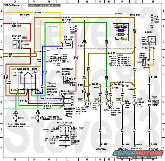 wiring7374dtlltshtr.jpg '73-74 Bronco Taillights Heater
IF THE IMAGE IS TOO SMALL, click it. 

NOTE that C233 was partially shown on the previous page in circuit 285 Br, and again on this page completely.  This will create a slight mismatch if the pages are combined in a strip.

Repair Locations Grid:
[url=http://www.supermotors.net/registry/media/865564][img]http://www.supermotors.net/getfile/865564/thumbnail/ebrepairgrid.jpg[/img][/url]

Improved, corrected, & combined versions of [url=http://seabiscuit68.tripod.com/]Seabiscuit[/url]'s colorized diagrams.  Connector faces, component locations, and technical oversight provided by [url=http://classicbroncos.com/forums/member.php?u=19091]Viperwolf1[/url] & [url=http://classicbroncos.com/forums/member.php?u=9670]DirtDonk[/url].  When printed at full scale, the diagrams can be combined into a continuous strip.

Before printing, click the image to make sure you have the largest version. 

See also: 

[url=http://www.supermotors.net/vehicles/registry/media/890070][img]http://www.supermotors.net/getfile/890070/thumbnail/wiring7374apwrdstb.jpg[/img][/url] . [url=http://www.supermotors.net/registry/media/874221][img]http://www.supermotors.net/getfile/874221/thumbnail/wiring7374bgawprrad.jpg[/img][/url] . [url=http://www.supermotors.net/registry/media/874222][img]http://www.supermotors.net/getfile/874222/thumbnail/wiring7374cinthdlts.jpg[/img][/url] . [url=http://www.supermotors.net/registry/media/869225][img]http://www.supermotors.net/getfile/869225/thumbnail/wiring7374eindex.jpg[/img][/url]
[url=http://www.supermotors.net/registry/media/843356][img]http://www.supermotors.net/getfile/843356/thumbnail/wiringdiagrameb3g.jpg[/img][/url] . [url=http://www.supermotors.net/registry/media/849725][img]http://www.supermotors.net/getfile/849725/thumbnail/fusesblades.jpg[/img][/url] . [url=http://www.supermotors.net/registry/media/830776][img]http://www.supermotors.net/getfile/830776/thumbnail/fusiblelinkrepair.jpg[/img][/url] . [url=http://www.supermotors.net/registry/media/832986][img]http://www.supermotors.net/getfile/832986/thumbnail/bulbsfuseswire.jpg[/img][/url]

https://www.fleet.ford.com/truckbbas/non-html/1997/c37_39_p.pdf

Index  '73-74 Bronco Wiring
--------------------------------------------------
  Components
Alternator  .  .  .  .  .  .  .  A1-B1
Alternator Voltage Regulator  .  J1-K1
AM Radio .  .  .  .  .  .  .  .  D16
Ambient Switch .  .  .  .  .  .  E7
Ammeter  .  .  .  .  .  .  .  .  B4
Auxilliary Fuel Tank Sender   .  J12
Backup Lamp, LHR  .  .  .  .  .  K15
Backup Lamp, RHR  .  .  .  .  .  K16
Backup Lamp Switch   .  .  .  .  E14, F4
Ballast Resistor  .  .  .  .  .  E4
Battery  .  .  .  .  .  .  .  .  D3-E3
Beam Select Switch   .  .  .  .  D20
Blinker Switch .  .  .  .  .  .  E29-E30
Block Heater   .  .  .  .  .  .  K32
Blower Motor   .  .  .  .  .  .  G38
Blower Motor Resistor   .  .  .  D38
Blower Motor Switch  .  .  .  .  C38
Brake Lamp, LHR   .  .  .  .  .  G33
Brake Lamp, RHR   .  .  .  .  .  G35
Brake Lamp Switch .  .  .  .  .  C29
Brake Warning Lamp   .  .  .  .  F6
Brake Warning Switch .  .  .  .  J6
Breakerless Ignition Module   .  K3
Capacitor, Noise Suppression  .  E2
Carburetor Valve  .  .  .  .  .  J5
Cigar Lighter  .  .  .  .  .  .  E22
Coil  .  .  .  .  .  .  .  .  .  H4-J4
Constant Voltage Unit   .  .  .  C9
Coolant Temperature Gauge  .  .  F8
Coolant Temperature Sender .  .  K8
CV Unit  .  .  .  .  .  .  .  .  C9
Distributor .  .  .  .  .  .  .  G3-K3
Dome Lamp   .  .  .  .  .  .  .  D17
Dual Brake Warning Switch  .  .  J6
Emergency Signal Flasher   .  .  E32
Emergency Signal Switch .  .  .  G32
Emission Control Solenoid  .  .  J5, G7
Engine Block Heater  .  .  .  .  K32
Flasher, Emergency Signal  .  .  E32
Flasher, Turn Signal .  .  .  .  C32
Front Fuel Sender .  .  .  .  .  J12
Fuel Gauge  .  .  .  .  .  .  .  C10
Fuel Sender .  .  .  .  .  .  .  J10, J12
Fuel Tank Selector Switch  .  .  E11
Fuse 1 (20A) Blower  .  .  .  .  A38
Fuse 2 (15A) Turn Wash Radio  .  B15
Fuse 3 (2A) Illumination   .  .  B18
Fuse 4 (15A) Cigar Crtsy Rev  .  B23
Fuse 5 (20A) Hazards .  .  .  .  B32
Fuse Inline (7.5A) TRS Switch .  C7
Fusible Link   .  .  .  .  .  .  C3
Gauge, Ammeter .  .  .  .  .  .  B4
Gauge, Fuel .  .  .  .  .  .  .  C10
Gauge, Oil Pressure  .  .  .  .  F9
Gauge, Temperature   .  .  .  .  F8
Generator   .  .  .  .  .  .  .  A1-B1
Hazard Signal Flasher   .  .  .  E32
Hazard Signal Switch .  .  .  .  G32
Headlamp, Left .  .  .  .  .  .  H19
Headlamp, Right   .  .  .  .  .  H20
Headlamp Dimmer Switch  .  .  .  D20
Headlamp Switch   .  .  .  .  .  C21-C22
Headlamp Switch Lamp .  .  .  .  J18
Heater, Block Immersion .  .  .  K32
Heater Blower Switch .  .  .  .  C38
Heater Blower Motor  .  .  .  .  G38
Heater Blower Resistor  .  .  .  D38
Heater Control Lamp  .  .  .  .  E17
High-Altitude Solenoid Valve  .  J5
High-Beam Switch  .  .  .  .  .  D20
High-Beam Indicator Lamp   .  .  G20
Horn  .  .  .  .  .  .  .  .  .  E18
Horn Switch .  .  .  .  .  .  .  D19
ICVR  .  .  .  .  .  .  .  .  .  C9
Ignition Coil  .  .  .  .  .  .  H4-J4
Ignition Module   .  .  .  .  .  K3
Ignition Resistor .  .  .  .  .  E4
Ignition Switch   .  .  .  .  .  C6-D6
Immersion Heater  .  .  .  .  .  K32
Indicator Lamp, Brake Warning .  F6
Indicator Lamp, L Turn  .  .  .  H29
Indicator Lamp, High-Beam  .  .  G20
Indicator Lamp, R Turn  .  .  .  H30
Inline Fuse (7.5A) TRS Switch .  C7
Instrument Cluster Lamp .  .  .  H18
Instrument Cluster Voltage Reg.  C9
Key Switch  .  .  .  .  .  .  .  C6-D6
Lamp, Backup, LHR .  .  .  .  .  K15
Lamp, Backup, RHR .  .  .  .  .  J16
Lamp, Brake, LHR  .  .  .  .  .  G33
Lamp, Brake, RHR  .  .  .  .  .  G35
Lamp, Brake Warning Indicator .  F6
Lamp, Dome  .  .  .  .  .  .  .  D17
Lamp, Head, Left  .  .  .  .  .  H19
Lamp, Head, Right .  .  .  .  .  H20
Lamp, Headlamp Switch   .  .  .  J18
Lamp, Heater Control .  .  .  .  E17
Lamp, High-Beam Indicator  .  .  G20
Lamp, Instrument Cluster   .  .  H18
Lamp, Left Turn Indicator  .  .  H29
Lamp, License  .  .  .  .  .  .  G37
Lamp, Map   .  .  .  .  .  .  .  C17
Lamp, Park, LHF   .  .  .  .  .  J22
Lamp, Park, LHR   .  .  .  .  .  G33
Lamp, Park, RHF   .  .  .  .  .  F22
Lamp, Park, RHR   .  .  .  .  .  G35
Lamp, PRNDL Illumination   .  .  G18
Lamp, Reverse, LHR   .  .  .  .  K15
Lamp, Reverse, RHR   .  .  .  .  K16
Lamp, Right Turn Indicator .  .  H30
Lamp, Shifter Illumination .  .  G18
Lamp, Side Marker, LHF  .  .  .  K22
Lamp, Side Marker, LHR  .  .  .  G34
Lamp, Side Marker, RHF  .  .  .  H22
Lamp, Side Marker, RHR  .  .  .  G36
Lamp, Stop, LHR   .  .  .  .  .  G33
Lamp, Stop, RHR   .  .  .  .  .  G35
Lamp, Turn, LHF   .  .  .  .  .  J22
Lamp, Turn, LHR   .  .  .  .  .  G33
Lamp, Turn, RHF   .  .  .  .  .  F22
Lamp, Turn, RHR   .  .  .  .  .  G35
Lamp, Wiper Switch   .  .  .  .  J18
License Lamp   .  .  .  .  .  .  G37
Lighter Socket .  .  .  .  .  .  E22
Loop Ammeter   .  .  .  .  .  .  B4
Main Fuel Tank Sender.  .  .  .  J10
Map Lamp .  .  .  .  .  .  .  .  C17
Marker Lamp, LHF Side   .  .  .  K22
Marker Lamp, LHR Side   .  .  .  G34
Marker Lamp, RHF Side   .  .  .  H22
Marker Lamp, RHR Side   .  .  .  G36
Module, Breakerless Ignition  .  K3
Motor, Heater Blower .  .  .  .  G38
Motor, Starter .  .  .  .  .  .  H3-J4
Motor, Windshield Wiper .  .  .  J13
Motor, Washer Pump   .  .  .  .  K13
Neutral Safety Switch .  .  .  F4
Oil Pressure Gauge   .  .  .  .  F9
Oil Pressure Sender  .  .  .  .  K9
Park Lamp, LHF .  .  .  .  .  .  J22
Park Lamp, LHR .  .  .  .  .  .  G33
Park Lamp, RHF .  .  .  .  .  .  F22
Park Lamp, RHR .  .  .  .  .  .  G35
Park Neutral Position Switch . F4
Power Point .  .  .  .  .  .  .  E22
PRNDL Illumination Lamp .  .  .  G18
Radio .  .  .  .  .  .  .  .  .  D16
Radio Capacitor   .  .  .  .  .  E2
Radio Speaker  .  .  .  .  .  .  F15
Rear Fuel Sender  .  .  .  .  .  J10
Relay, Horn .  .  .  .  .  .  .  F11
Relay, Starter .  .  .  .  .  .  D3
Resistor, Ignition Ballast .  .  E4
Resistor, Blower Motor  .  .  .  D38
Reverse Lamp, LHR .  .  .  .  .  K15
Reverse Lamp, RHR .  .  .  .  .  K16
Reverse Lamp Switch  .  .  .  .  E14, F4
Sender, Fuel, Front  .  .  .  .  J12
Sender, Fuel, Rear   .  .  .  .  J10
Sender, Oil Pressure .  .  .  .  K9
Sender, Temperature  .  .  .  .  K8
Shifter Illumination Lamp  .  .  G18
Side Marker Lamp, LHF   .  .  .  K22
Side Marker Lamp, LHR   .  .  .  G34
Side Marker Lamp, RHF   .  .  .  H22
Side Marker Lamp, RHR   .  .  .  G36
Solenoid, Carburetor Emission .  J5, G7
Solenoid, Vacuum Valve  .  .  .  G7
Speaker  .  .  .  .  .  .  .  .  F15
Starter Motor  .  .  .  .  .  .  H3-J4
Starter Relay  .  .  .  .  .  .  D3
Stop Lamp, LHR .  .  .  .  .  .  G33
Stop Lamp, RHR .  .  .  .  .  .  G35
Stop Lamp Switch  .  .  .  .  .  C29
Switch, Ambient   .  .  .  .  .  E7
Switch, Backup Lamp  .  .  .  .  E14, F4
Switch, Blinker   .  .  .  .  .  E29-E30
Switch, Blower Motor .  .  .  .  C38
Switch, Brake Lamp   .  .  .  .  C29
Switch, Dual Brake Warning .  .  J6
Switch, Emergency Signal   .  .  G32
Switch, Fuel Tank Selector .  .  E11
Switch, Hazard Signal   .  .  .  G32
Switch, Headlamp  .  .  .  .  .  C21-C22
Switch, Heater Blower   .  .  .  C38
Switch, High-Beam Dimmer   .  .  D20
Switch, Horn   .  .  .  .  .  .  D19
Switch, Ignition  .  .  .  .  .  C6-D6
Switch, Neutral Safety (PNP)  .  F4
Switch, Reverse Lamp .  .  .  .  E14, F4
Switch, Stop Lamp .  .  .  .  .  C29
Switch, TRS .  .  .  .  .  .  .  J7
Switch, Turn Signal  .  .  .  .  E29-E30
Switch, Windshield Washer  .  .  B13
Switch, Windshield Wiper   .  .  B13
Temperature Gauge .  .  .  .  .  F8
Temperature Sender   .  .  .  .  K8
TRS Switch  .  .  .  .  .  .  .  J7
Turn Signal, LHF  .  .  .  .  .  J22
Turn Signal, LHR  .  .  .  .  .  G33
Turn Signal Flasher  .  .  .  .  C32
Turn Signal Indicator, L   .  .  E22
Turn Signal Indicator, R   .  .  E23
Turn Signal, RHF  .  .  .  .  .  F22
Turn Signal, RHR  .  .  .  .  .  G35
Turn Signal Switch   .  .  .  .  E29-E30
Vacuum Valve Solenoid   .  .  .  G7
Valve, Carburetor Solenoid .  .  C9
Voltage Regulator, Alternator .  J1-K1
Voltage Regulator, Instruments   C9
Water Temperature Gauge .  .  .  F8
Water Temperature Sender   .  .  K8
Windshield Washer Switch   .  .  B13
Windshield Washer Pump Motor  .  K13
Windshield Wiper Motor  .  .  .  J13
Windshield Wiper Switch    .  .  B13
Windshield Wiper Switch Lamp  .  J18
--------------------------------------------------
  Connectors
C201 (Alternator) .  .  .  .  .  A1-B2
C202 (Voltage Regulator)   .  .  E1
C203 (Radio Capacitor)  .  .  .  D2
C205 (Ammeter) .  .  .  .  .  .  B4
C206 (Inline)  .  .  .  .  .  .  A3
C207 (Battery  )  .  .  .  .  .  C3
C208 (Battery -)  .  .  .  .  .  E3
C209 (Distributor Cap)  .  .  .  G3, J3
C210 (Distributor)   .  .  .  .  H3, K3
C211 (Starter Relay Battery)  .  C3
C212 (Starter Relay Starter)  .  D3
C213 (Starter Relay S)  .  .  .  D3
C214 (Starter Relay I)  .  .  .  D4
C215 (Ignition Coil) .  .  .  .  H4
C216 (Ignition Coil) .  .  .  .  H4
C217 (Ignition Coil) .  .  .  .  J4
C218 (Inline)  .  .  .  .  .  .  F4, H8-H9
C219 (Ambient Switch)   .  .  .  E7
C220 (Inline)  .  .  .  .  .  .  F7
C221 (Vacuum Valve Solenoid)  .  G7
C222 (Inline, NSS)   .  .  .  .  E3-E4, E15
C223 (ICVR) .  .  .  .  .  .  .  B9
C224 (ICVR) .  .  .  .  .  .  .  B9
C225 (Temp Gauge) .  .  .  .  .  E8
C226 (Temp Gauge) .  .  .  .  .  G8
C227 (Temp Sender)   .  .  .  .  J8
C228 (Oil Gauge)  .  .  .  .  .  E9
C229 (Oil Gauge)  .  .  .  .  .  G9
C230 (Oil Sender) .  .  .  .  .  J9
C231 (Fuel Gauge) .  .  .  .  .  B10
C232 (Fuel Gauge) .  .  .  .  .  D10, G10
C233 (Inline)  .  .  .  .  .  .  D23, D30-D31, H10
C234 (Rear Fuel Sender) .  .  .  J10
C235 (Tank Select Switch)  .  .  D11
C236 (Tank Select Switch)  .  .  F11
C237 (Tank Select Switch)  .  .  F11
C238 (Inline)  .  .  .  .  .  .  H11
C239 (Front Fuel Sender)   .  .  J11
C240 (Ignition Switch)  .  .  .  C6
C241 (Ignition Switch)  .  .  .  C6
C242 (Ignition Switch)  .  .  .  D6
C243 (Inline)  .  .  .  .  .  .  G6, G15
C244 (TRS Switch) .  .  .  .  .  J7
C245 (Starter) .  .  .  .  .  .  K2
C301 (Wiper Switch)  .  .  .  .  C13
C302 (Inline)  .  .  .  .  .  .  E13
C303 (Inline)  .  .  .  .  .  .  F13
C304 (Wiper Motor)   .  .  .  .  H13
C305 (Washer Pump)   .  .  .  .  K14
C307 (Brake Warning Switch)   .  J6
C308 (L Backup Lamp) .  .  .  .  J15
C309 (R Backup Lamp) .  .  .  .  J16
C310 (Backup Switch) .  .  .  .  E15
C311 (H/L & Wiper Ill.) .  .  .  J17
C312 (Heater Ill.)   .  .  .  .  F17
C313 (Inline)  .  .  .  .  .  .  B17
C314 (Dome Lamp)  .  .  .  .  .  D17
C315 (Map Lamp)   .  .  .  .  .  A17
C316 (Horn) .  .  .  .  .  .  .  E18
C317 (Inline)  .  .  .  .  .  .  G5
C318 (Carb Solenoid) .  .  .  .  H5
C319 (Speaker) .  .  .  .  .  .  E16
C320 (Inline)  .  .  .  .  .  .  H15, C33-C37
C321 (Turn Signal Switch)  .  . D18,  F29-F30
C322 (Radio)   .  .  .  .  .  .  C16
C401 (Headlamp Dimmer Switch) .  E20
C402 (L Headlamp) .  .  .  .  .  H19
C403 (R Headlamp) .  .  .  .  .  H20
C404 (RHF Marker) .  .  .  .  .  H21
C405 (RHF Turn)   .  .  .  .  .  F22
C406 (LHF Marker) .  .  .  .  .  K21
C407 (LHF Turn)   .  .  .  .  .  J22
C408 (Headlamp Switch)  .  .  .  B21-C22
C409 (Hazard Switch) .  .  .  .  G32
C410 (A/C Outlet) .  .  .  .  .  J32
C411 (Turn Flasher)  .  .  .  .  C32
C412 (Hazard Flasher)   .  .  .  E32
C413 (Cigar Lighter) .  .  .  .  D22
C414 (Block Heater)  .  .  .  .  J32
C415 (Brake Switch)  .  .  .  .  C29
C501 (L Taillamp) .  .  .  .  .  F33
C502 (LHR Marker) .  .  .  .  .  F34
C503 (R Taillamp) .  .  .  .  .  F35
C504 (RHR Marker) .  .  .  .  .  F36
C505 (License Lamp)  .  .  .  .  F37
C506 (Blower Switch) .  .  .  .  C38
C507 (Blower Switch) .  .  .  .  C38
C508 (Blower Resistor)  .  .  .  D38
C509 (Blower Motor)  .  .  .  .  E38
--------------------------------------------------
  Grounds
G201 (Voltage Regulator)   .  .  H1
G202 (Block)   .  .  .  .  .  .  E3
G204 (Rear Fuel Tank)   .  .  .  K10
G205 (Front Fuel Tank)  .  .  .  K11
G206 (L Valve Cover) .  .  .  .  K7
G301 (Instrument Panel) .  .  .  K17
G302 (W/S Frame)  .  .  .  .  .  K17
G303 (Wiper Motor)   .  .  .  .  K13
G401 (L Core Support)   .  .  .  K19, K22
G402 (R Core Support)   .  .  .  K21, G22
G501 (LHR Side Marker)  .  .  .  K34
G502 (RHR Side Marker)  .  .  .  K36
G503 (L T/G)   .  .  .  .  .  .  K37
G504 (Blower Case)   .  .  .  .  K38
--------------------------------------------------
  Splices
S201 (Starter Relay) .  .  .  .  C2
S202 (Ignition Switch)  .  .  .  A5-A15
S203 (Ignition Switch)  .  .  .  E5
S204 (Ignition Switch)  .  .  .  A4-A21
S205 (Ignition Switch)  .  .  .  E7
S301 (Steering Column)  .  .  .  G18
S302 (Headlamp Switch)  .  .  .  C15
S401 (Headlamp Dimmer Switch) .  E20
S402 (Headlamp Dimmer Switch) .  F20