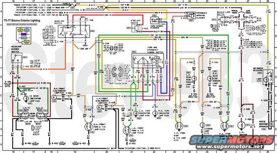 wiring7577bextrltg.jpg '75-77 Bronco Exterior Lighting
IF THE IMAGE IS TOO SMALL, click it. 

Repair Locations Grid:
[url=http://www.supermotors.net/registry/media/865564][img]http://www.supermotors.net/getfile/865564/thumbnail/ebrepairgrid.jpg[/img][/url]

Improved, corrected, & combined versions of [url=http://seabiscuit68.tripod.com/]Seabiscuit[/url]'s colorized diagrams.  Connector faces, component locations, and technical oversight provided by [url=http://classicbroncos.com/forums/member.php?u=19091]Viperwolf1[/url].

Before printing, click the image to make sure you have the largest version. 

See also: 

[url=http://www.supermotors.net/registry/media/879816][img]http://www.supermotors.net/getfile/879816/thumbnail/wiring7577apwrdstb.jpg[/img][/url] . [url=http://www.supermotors.net/registry/media/874226][img]http://www.supermotors.net/getfile/874226/thumbnail/wiring7577cintrltg.jpg[/img][/url] . [url=http://www.supermotors.net/registry/media/869229][img]http://www.supermotors.net/getfile/869229/thumbnail/wiring7577dindex.jpg[/img][/url]
[url=http://www.supermotors.net/registry/media/843356][img]http://www.supermotors.net/getfile/843356/thumbnail/wiringdiagrameb3g.jpg[/img][/url] . [url=http://www.supermotors.net/registry/media/849725][img]http://www.supermotors.net/getfile/849725/thumbnail/fusesblades.jpg[/img][/url] . [url=http://www.supermotors.net/registry/media/830776][img]http://www.supermotors.net/getfile/830776/thumbnail/fusiblelinkrepair.jpg[/img][/url] . [url=http://www.supermotors.net/registry/media/832986][img]http://www.supermotors.net/getfile/832986/thumbnail/bulbsfuseswire.jpg[/img][/url]

https://www.fleet.ford.com/truckbbas/non-html/1997/c37_39_p.pdf

Index  '75-77 Bronco Wiring
--------------------------------------------------
  Components
Alternator  .  .  .  .  .  .  .  A1-B1
AM Radio .  .  .  .  .  .  .  .  D28
Ammeter  .  .  .  .  .  .  .  .  C4
Auxilliary Fuel Tank Sender   .  F15
Backup Lamp, LHR  .  .  .  .  .  G27
Backup Lamp, RHR  .  .  .  .  .  H27
Backup Lamp Switch   .  .  .  .  A25, G4
Ballast Resistor  .  .  .  .  .  C7
Battery  .  .  .  .  .  .  .  .  E3-F3
Beam Select Switch   .  .  .  .  C16
Blinker Switch .  .  .  .  .  .  C22-C23
Block Heater   .  .  .  .  .  .  E11
Blower Motor   .  .  .  .  .  .  F38
Blower Motor Resistor   .  .  .  D38
Blower Motor Switch  .  .  .  .  B38
Brake Lamp, LHR   .  .  .  .  .  G23
Brake Lamp, RHR   .  .  .  .  .  G26
Brake Lamp Switch .  .  .  .  .  B21
Brake Warning Lamp   .  .  .  .  C8
Brake Warning Switch .  .  .  .  E8
Breakerless Ignition Module   .  G6
Carburetor Valve  .  .  .  .  .  C9
Choke Heater   .  .  .  .  .  .  E1
Cigar Lighter  .  .  .  .  .  .  G35
Coil  .  .  .  .  .  .  .  .  .  F7
Constant Voltage Unit   .  .  .  C11
Coolant Temperature Gauge  .  .  C13
Coolant Temperature Sender .  .  E13
CV Unit  .  .  .  .  .  .  .  .  C11
Distributor .  .  .  .  .  .  .  F9
Dome Lamp   .  .  .  .  .  .  .  F33
Dual Brake Warning Switch  .  .  E8
Electric Choke Heater   .  .  .  E1
Emergency Signal Flasher   .  .  A24
Emergency Signal Switch .  .  .  C22
Emissions Solenoid Valve   .  .  C9
Engine Block Heater  .  .  .  .  E11
Flasher, Emergency Signal  .  .  A24
Flasher, Turn Signal .  .  .  .  B22
Front Fuel Sender .  .  .  .  .  F15
Fuel Gauge  .  .  .  .  .  .  .  C14
Fuel Sender .  .  .  .  .  .  .  F15, H14
Fuel Tank Selector Switch  .  .  D15
Fuse 1 (20A)   .  .  .  .  .  .  A38
Fuse 2 (15A)   .  .  .  .  .  .  A19
Fuse 3 (2A) .  .  .  .  .  .  .  B31
Fuse 4 (15A)   .  .  .  .  .  .  A34
Fuse 5 (20A)   .  .  .  .  .  .  A33
Fusible Link   .  .  .  .  .  .  E2-E5
Gauge, Ammeter .  .  .  .  .  .  C4
Gauge, Fuel .  .  .  .  .  .  .  C14
Gauge, Oil Pressure  .  .  .  .  C12
Gauge, Temperature   .  .  .  .  C13
Generator   .  .  .  .  .  .  .  A1-B1
Hazard Signal Flasher   .  .  .  A24
Hazard Signal Switch .  .  .  .  C22
Headlamp, Left .  .  .  .  .  .  F16
Headlamp, Right   .  .  .  .  .  F17
Headlamp Dimmer Switch  .  .  .  C16
Headlamp Switch   .  .  .  .  .  B19, C33-C34
Headlamp Switch Lamp .  .  .  .  D29
Heater, Block Immersion .  .  .  E11
Heater Blower Switch .  .  .  .  B38
Heater Blower Motor  .  .  .  .  F38
Heater Blower Resistor  .  .  .  D38
Heater Control Lamp  .  .  .  .  F30
Heater, Electric Choke  .  .  .  E1
High-Altitude Solenoid Valve  .  C9
High-Beam Switch  .  .  .  .  .  C16
High-Beam Indicator Lamp   .  .  E17
Horn  .  .  .  .  .  .  .  .  .  J12, J13
Horn Relay  .  .  .  .  .  .  .  F11
Horn Switch .  .  .  .  .  .  .  F13
ICVR  .  .  .  .  .  .  .  .  .  C11
Ignition Coil  .  .  .  .  .  .  F7
Ignition Module   .  .  .  .  .  G6
Ignition Resistor .  .  .  .  .  C7
Ignition Switch   .  .  .  .  .  B5-D5
Immersion Heater  .  .  .  .  .  E11
Indicator Lamp, Brake Warning .  C8
Indicator Lamp, L Turn  .  .  .  F21
Indicator Lamp, High-Beam  .  .  E17
Indicator Lamp, R Turn  .  .  .  F22
Instrument Cluster Lamp .  .  .  F31
Instrument Cluster Voltage Reg.  C11
Key Switch  .  .  .  .  .  .  .  B5-D5
Lamp, Backup, LHR .  .  .  .  .  G27
Lamp, Backup, RHR .  .  .  .  .  H27
Lamp, Brake, LHR  .  .  .  .  .  G23
Lamp, Brake, RHR  .  .  .  .  .  G26
Lamp, Brake Warning Indicator .  C8
Lamp, Dome  .  .  .  .  .  .  .  F33
Lamp, Head, Left  .  .  .  .  .  F16
Lamp, Head, Right .  .  .  .  .  F17
Lamp, Headlamp Switch   .  .  .  D29
Lamp, Heater Control .  .  .  .  F30
Lamp, High-Beam Indicator  .  .  E17
Lamp, Instrument Cluster   .  .  F31
Lamp, Left Turn Indicator  .  .  F21
Lamp, License  .  .  .  .  .  .  G25
Lamp, Map   .  .  .  .  .  .  .  F34
Lamp, Park, LHF   .  .  .  .  .  G21
Lamp, Park, LHR   .  .  .  .  .  G23
Lamp, Park, RHF   .  .  .  .  .  G19
Lamp, Park, RHR   .  .  .  .  .  G26
Lamp, PRNDL .  .  .  .  .  .  .  F32
Lamp, Reverse, LHR   .  .  .  .  G27
Lamp, Reverse, RHR   .  .  .  .  H27
Lamp, Right Turn Indicator .  .  F22
Lamp, Shifter Illumination .  .  F32
Lamp, Side Marker, LHF  .  .  .  F20
Lamp, Side Marker, LHR  .  .  .  D24
Lamp, Side Marker, RHF  .  .  .  E18
Lamp, Side Marker, RHR  .  .  .  D25
Lamp, Stop, LHR   .  .  .  .  .  G23
Lamp, Stop, RHR   .  .  .  .  .  G26
Lamp, Turn, LHF   .  .  .  .  .  G21
Lamp, Turn, LHR   .  .  .  .  .  G23
Lamp, Turn, RHF   .  .  .  .  .  G19
Lamp, Turn, RHR   .  .  .  .  .  G26
Lamp, Wiper Switch   .  .  .  .  D29
License Lamp   .  .  .  .  .  .  G25
Lighter Socket .  .  .  .  .  .  G35
Loop Ammeter   .  .  .  .  .  .  C4
Main Fuel Tank Sender.  .  .  .  H14
Map Lamp .  .  .  .  .  .  .  .  F34
Marker Lamp, LHF Side   .  .  .  F20
Marker Lamp, LHR Side   .  .  .  D24
Marker Lamp, RHF Side   .  .  .  E18
Marker Lamp, RHR Side   .  .  .  D25
Module, Breakerless Ignition  .  G6
Motor, Heater Blower .  .  .  .  F38
Motor, Starter .  .  .  .  .  .  H3-J4
Motor, Windshield Wiper .  .  .  G36
Motor, Washer Pump   .  .  .  .  F37
Neutral Safety Switch .  .  .  .  .  G4, A27
Oil Pressure Gauge   .  .  .  .  C12
Oil Pressure Sender  .  .  .  .  D10
Park Lamp, LHF .  .  .  .  .  .  G21
Park Lamp, LHR .  .  .  .  .  .  G23
Park Lamp, RHF .  .  .  .  .  .  G19
Park Lamp, RHR .  .  .  .  .  .  G26
Power Point .  .  .  .  .  .  .  G35
PRNDL Lamp  .  .  .  .  .  .  .  F32
Radio .  .  .  .  .  .  .  .  .  D28
Radio Capacitor   .  .  .  .  .  D3
Radio Speaker  .  .  .  .  .  .  G28
Rear Fuel Sender  .  .  .  .  .  H14
Relay, Horn .  .  .  .  .  .  .  F11
Relay, Starter .  .  .  .  .  .  E5
Resistor, Ignition Ballast .  .  C7
Resistor, Blower Motor  .  .  .  D38
Reverse Lamp, LHR .  .  .  .  .  G27
Reverse Lamp, RHR .  .  .  .  .  H27
Reverse Lamp Switch  .  .  .  .  A25, G4
Sender, Fuel, Front  .  .  .  .  F15
Sender, Fuel, Rear   .  .  .  .  H14
Sender, Oil Pressure .  .  .  .  D10
Sender, Temperature  .  .  .  .  E13
Shifter Illumination Lamp  .  .  F32
Side Marker Lamp, LHF   .  .  .  F20
Side Marker Lamp, LHR   .  .  .  D24
Side Marker Lamp, RHF   .  .  .  E18
Side Marker Lamp, RHR   .  .  .  D25
Solenoid, Carburetor Emission .  C9
Speaker  .  .  .  .  .  .  .  .  G28
Starter Motor  .  .  .  .  .  .  H3-J4
Starter Relay  .  .  .  .  .  .  E5
Stop Lamp, LHR .  .  .  .  .  .  G23
Stop Lamp, RHR .  .  .  .  .  .  G26
Stop Lamp Switch  .  .  .  .  .  B21
Switch, Backup Lamp  .  .  .  .  A25, G4
Switch, Blinker   .  .  .  .  .  C22-C23
Switch, Blower Motor .  .  .  .  B38
Switch, Brake Lamp   .  .  .  .  B21
Switch, Dual Brake Warning .  .  E28
Switch, Emergency Signal   .  .  C22
Switch, Fuel Tank Selector .  .  D15
Switch, Hazard Signal   .  .  .  C22
Switch, Headlamp  .  .  .  .  .  B19, C33-C34
Switch, Heater Blower   .  .  .  B38
Switch, High-Beam Dimmer   .  .  C16
Switch, Horn   .  .  .  .  .  .  F13
Switch, Ignition  .  .  .  .  .  B5-D5
Switch, Neutral Safety .  .  .  .  .  G4, A27
Switch, Reverse Lamp .  .  .  .  A25, G4
Switch, Stop Lamp .  .  .  .  .  B21
Switch, Turn Signal  .  .  .  .  C22-C23
Switch, Windshield Washer  .  .  B37
Switch, Windshield Wiper   .  .  B36
Temperature Gauge .  .  .  .  .  C13
Temperature Sender   .  .  .  .  E13
Turn Signal, LHF  .  .  .  .  .  G21
Turn Signal, LHR  .  .  .  .  .  G23
Turn Signal Flasher  .  .  .  .  B22
Turn Signal Indicator, L   .  .  E22
Turn Signal Indicator, R   .  .  E23
Turn Signal, RHF  .  .  .  .  .  G19
Turn Signal, RHR  .  .  .  .  .  G26
Turn Signal Switch   .  .  .  .  C22-C23
Valve, Carburetor Solenoid .  .  C9
Voltage Regulator, Alternator .  G1-H2
Voltage Regulator, Instruments   C11
Water Temperature Gauge .  .  .  C13
Water Temperature Sender   .  .  E13
Windshield Washer Switch   .  .  B37
Windshield Washer Pump Motor  .  F37
Windshield Wiper Motor  .  .  .  G36
Windshield Wiper Switch    .  .  B36
Windshield Wiper Switch Lamp  .  D29
--------------------------------------------------
  Connectors
C201 (Alternator) .  .  .  .  .  A2, C1
C202 (Voltage Regulator)   .  .  F1-F2
C203 (Radio Capacitor)  .  .  .  C2
C205 (Ammeter) .  .  .  .  .  .  C3
C206 (Inline)  .  .  .  .  .  .  A3-B3
C207 (Battery POS )  .  .  .  .  .  E3
C208 (Battery NEG )  .  .  .  .  .  F3
C209 (Distributor Cap)  .  .  .  F9
C211 (Starter Relay Battery)  .  E5
C212 (Starter Relay Starter)  .  E5
C213 (Starter Relay S)  .  .  .  E5
C214 (Starter Relay I)  .  .  .  E5
C216 (Ignition Coil) .  .  .  .  G7
C217 (Ignition Coil) .  .  .  .  F7
C218 (Inline)  .  .  .  .  .  .  D12-13, F7
C222 (Inline, NSS)   .  .  .  .  F3-F4, A27
C223 (ICVR) .  .  .  .  .  .  .  C11
C224 (ICVR) .  .  .  .  .  .  .  C11
C225 (Temp Gauge) .  .  .  .  .  C13
C226 (Temp Gauge) .  .  .  .  .  C13
C227 (Temp Sender)   .  .  .  .  E13
C228 (Oil Gauge)  .  .  .  .  .  C12
C229 (Oil Gauge)  .  .  .  .  .  C12
C230 (Oil Sender) .  .  .  .  .  E12
C231 (Fuel Gauge) .  .  .  .  .  B14
C232 (Fuel Gauge) .  .  .  .  .  C14, E14
C233 (Inline)  .  .  .  .  .  .  F14, B20
C234 (Rear Fuel Sender) .  .  .  H14
C235 (Tank Select Switch)  .  .  D15
C236 (Tank Select Switch)  .  .  D15
C237 (Tank Select Switch)  .  .  D15
C238 (Inline)  .  .  .  .  .  .  E15
C239 (Front Fuel Sender)   .  .  F15
C240 (Ignition Switch)  .  .  .  B6-C6
C241 (Ignition Switch)  .  .  .  C5-C6
C242 (Ignition Switch)  .  .  .  C6
C243 (Inline)  .  .  .  .  .  .  B8, D27
C245 (Starter) .  .  .  .  .  .  J5
C249 (Ignition Module)  .  .  .  H6
C252 (Ignition Module)  .  .  .  F6
C253 (Distributor)   .  .  .  .  G10
C262 (Carb Solenoid) .  .  .  .  C9
C301 (Wiper Switch)  .  .  .  .  C36-C37
C302 (Inline)  .  .  .  .  .  .  D36-D37
C303 (Inline)  .  .  .  .  .  .  E36
C304 (Wiper Motor)   .  .  .  .  F36
C305 (Washer Pump)   .  .  .  .  F37
C307 (Brake Warning Switch)   .  E8
C308 (L Backup Lamp) .  .  .  .  F27
C309 (R Backup Lamp) .  .  .  .  F27
C310 (Backup Switch) .  .  .  .  A26
C311 (H/L & Wiper Ill.) .  .  .  D30
C312 (Heater Ill.)   .  .  .  .  F29
C313 (Inline)  .  .  .  .  .  .  E33
C314 (Dome Lamp)  .  .  .  .  .  F33
C315 (Map Lamp)   .  .  .  .  .  E34
C316 (Horn) .  .  .  .  .  .  .  G12-H12
C319 (Speaker) .  .  .  .  .  .  E28
C320 (Inline)  .  .  .  .  .  .  C23-C27
C321 (Turn Hazard Switch)  .  .  G11, D21-D22, E32
C322 (Radio)   .  .  .  .  .  .  C28
C323 (Horn Relay) .  .  .  .  .  F11
C324 (Manual Override)  .  .  .  G13
C325 (Horn Speed Switch)   .  .  F13
C326 (Cable Speed Sensor)  .  .  F12
C327 (Horn Selector Relay) .  .  H13
C328 (Horn Selector Relay) .  .  H13
C329 (City Horn)  .  .  .  .  .  J12
C330 (Country Horn)  .  .  .  .  J13
C401 (Headlamp Dimmer Switch) .  C16
C402 (L Headlamp) .  .  .  .  .  F16
C403 (R Headlamp) .  .  .  .  .  F17
C404 (RHF Marker) .  .  .  .  .  E19
C405 (RHF Turn)   .  .  .  .  .  F19
C406 (LHF Marker) .  .  .  .  .  F20
C407 (LHF Turn)   .  .  .  .  .  F21
C408 (Headlamp Switch)  .  .  .  A19-B19, B34, D34
C410 (A/C Outlet) .  .  .  .  .  E10
C411 (Turn Flasher)  .  .  .  .  A23, B23
C412 (Hazard Flasher)   .  .  .  B24, C24
C413 (Cigar Lighter) .  .  .  .  D43
C414 (Block Heater)  .  .  .  .  E10
C415 (Brake Switch)  .  .  .  .  A21-B21
C501 (L Taillamp) .  .  .  .  .  F23
C502 (LHR Marker) .  .  .  .  .  C24
C503 (R Taillamp) .  .  .  .  .  F26
C504 (RHR Marker) .  .  .  .  .  C25
C505 (License Lamp)  .  .  .  .  F25
C506 (Blower Switch) .  .  .  .  B38
C507 (Blower Switch) .  .  .  .  C38
C508 (Blower Resistor)  .  .  .  D38
C509 (Blower Motor)  .  .  .  .  E38
--------------------------------------------------
  Grounds
G201 (Voltage Regulator)   .  .  F1
G202 (Block)   .  .  .  .  .  .  E3
G204 (Rear Fuel Tank)   .  .  .  J14
G205 (Front Fuel Tank)  .  .  .  J15
G301 (Instrument Panel) .  .  .  G29
G302 (W/S Frame)  .  .  .  .  .  G33
G303 (Wiper Motor)   .  .  .  .  G36
G401 (L Core Support)   .  .  .  H16, H21
G402 (R Core Support)   .  .  .  H18, H19
G501 (LHR Side Marker)  .  .  .  E24
G502 (RHR Side Marker)  .  .  .  E25
G503 (L T/G)   .  .  .  .  .  .  H25
G504 (Blower Case)   .  .  .  .  G38
--------------------------------------------------
  Splices
S201 (Starter Relay) .  .  .  .  E2
S202 (Ignition Switch)  .  .  .  A11
S203 (Ignition Switch)  .  .  .  B8
S204 (Ignition Switch)  .  .  .  A4
S205 (Ignition Switch)  .  .  .  E7
S301 (Steering Column)  .  .  .  D31
S302 (Headlamp Switch)  .  .  .  A20
S401 (Headlamp Dimmer Switch) .  D16
S402 (Headlamp Dimmer Switch) .  E16