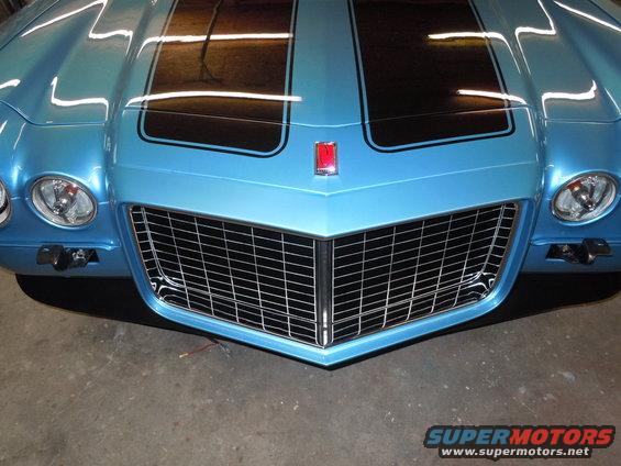 1972 Chevrolet Camaro front end with black racing stripes on hood