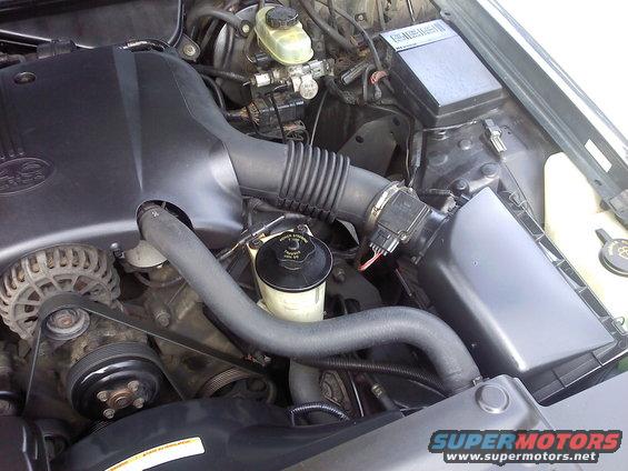 Engine bay with air intake system, alternator, and hoses visible