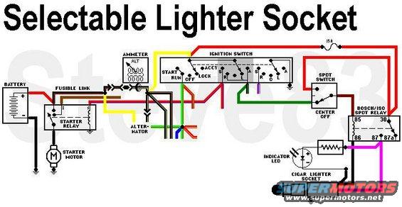 lightersocket.jpg Selectable Lighter Socket
IF THE IMAGE IS TOO SMALL, click it.

The LED is optional, and can be purchased with the correct resistor for 12V use.

It's shown in an early Bronco ('66-77), but the basic layout works in all 12V vehicles.