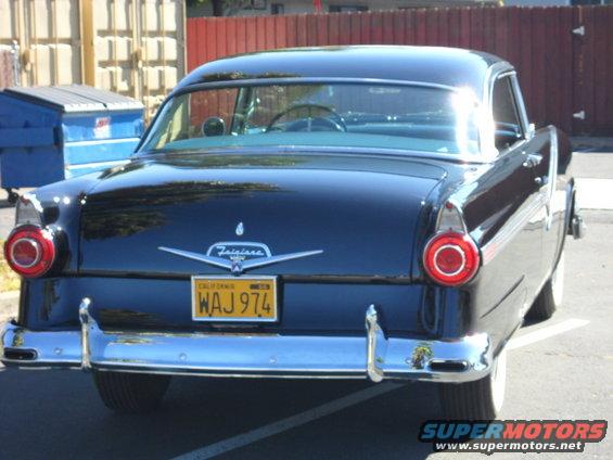 Rear view of a 1956 Ford Fairlane with a California license plate WAJ 974