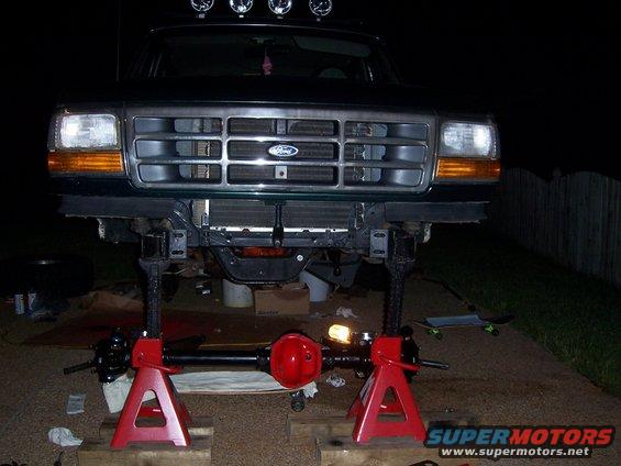 1992 Ford Bronco front end on jack stands, axle removed