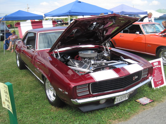 Maroon 1969 Chevrolet Camaro Z/28, front view, hood open