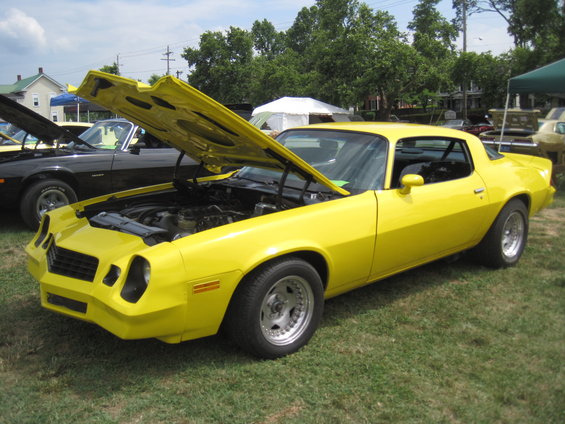 Yellow 1978 Chevrolet Camaro with hood open